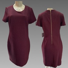 Calvin Klein Burgundy Floral Jacquard Sheath Dress Short Sleeve Back Gold Zip M