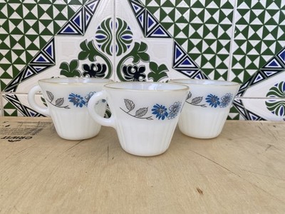 Vintage Termocrisa Mexican Milk Glass Cups Blue Floral Gold Rim   Set of 3