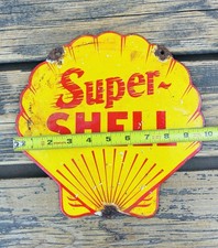 VINTAGE 10x10"SHELL MOTOR OIL GASOLINE AMERICANA PORCELAIN PUMP PLATE SIGN