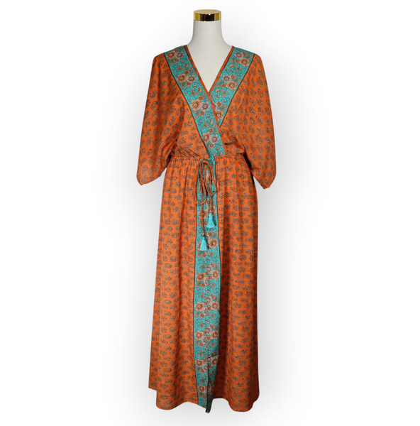 Ishka Size S Floral Orange Kimono Sleeve Faux Wrap Maxi Dress Elastic Waist