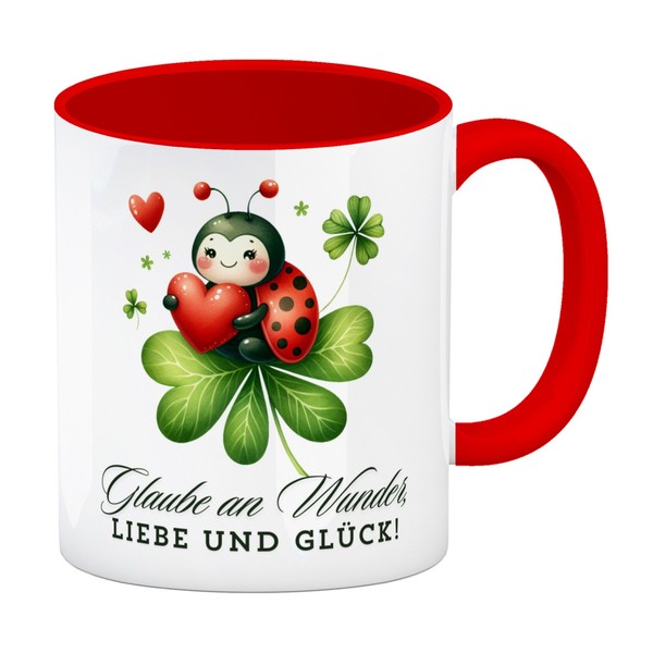 MarienkäFer Kaffeebecher In Rot Mit Spruch Glaube An Wunder, Liebe Und GlüCk!-image