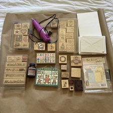 Lot Of 70 Rubber Stamps Many Brands + embossing gun, rubber cement, etc. 