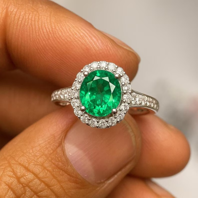 5.20Ct Oval Cut Natural Emerald & Diamond 18k White Gold Engagement Ring
