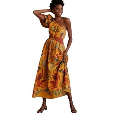 Farm Rio x Anthropologie One Shoulder Tropical Puff Sleeve Maxi Dress Large