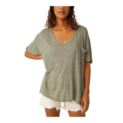 Free People Care Fp All I Need Tee Women's M Dried Basil Linen Blend Pullover~