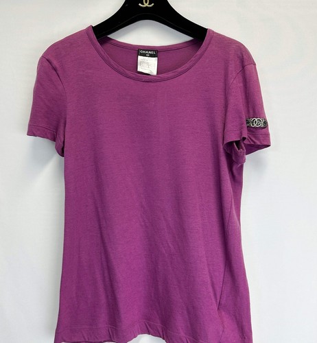 Camiseta CHANEL 38 6 CC Logo Camiseta Púrpura Adornada Manga Corta Algodón Pequeña - Imagen 4 de 10