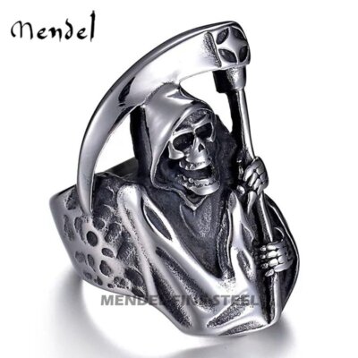 MENDEL Mens Biker Goth Death Skull Grim Reaper Ring Stainless Steel Size 8-15