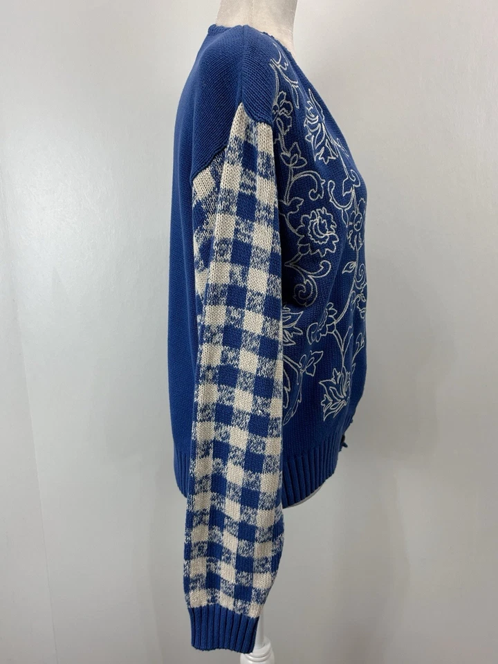 Cardigã suéter vintage Liz Golf tamanho médio feminino azul floral Gingham Cottagecore - Imagem 4 de 4