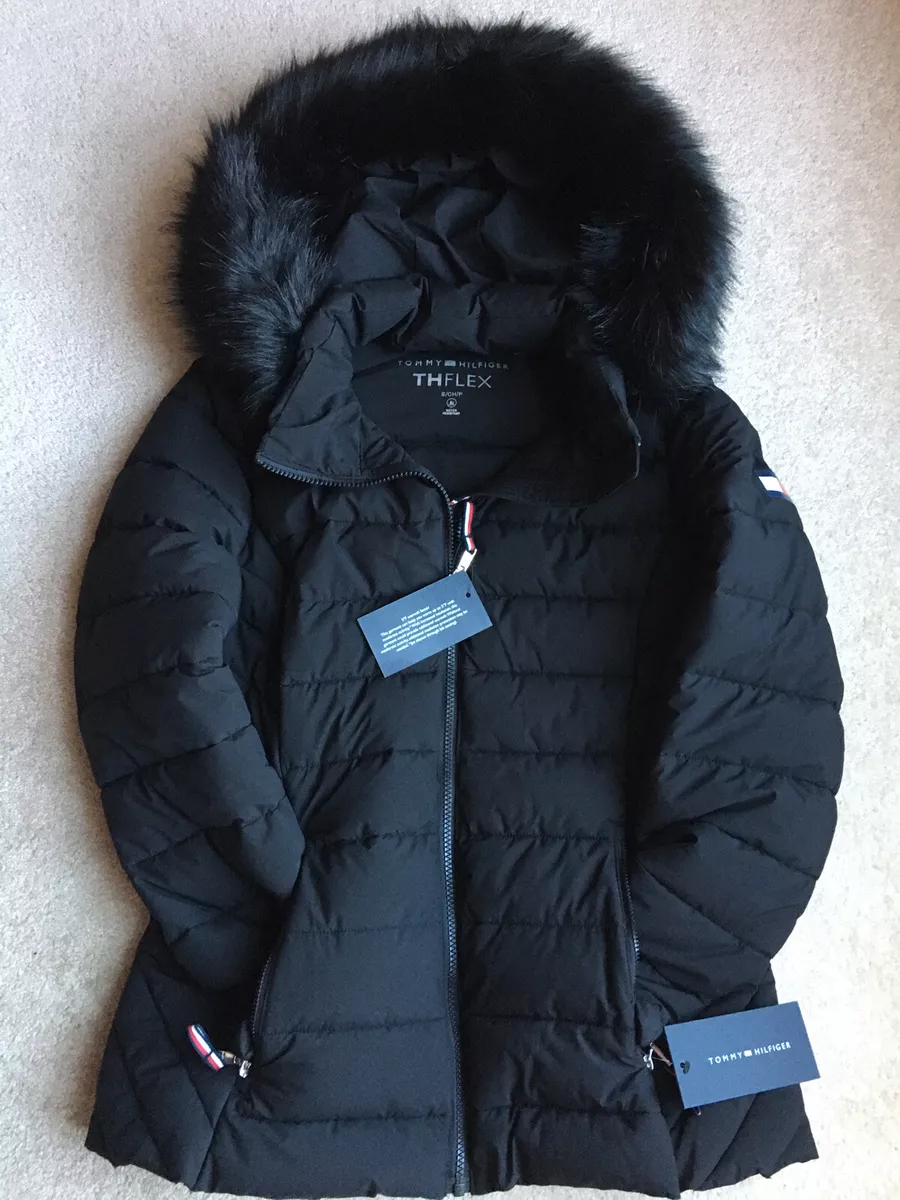 Tommy Hilfiger Women&#039;s Quilted Hooded Faux Fur Coat Puffer Jacket Black |