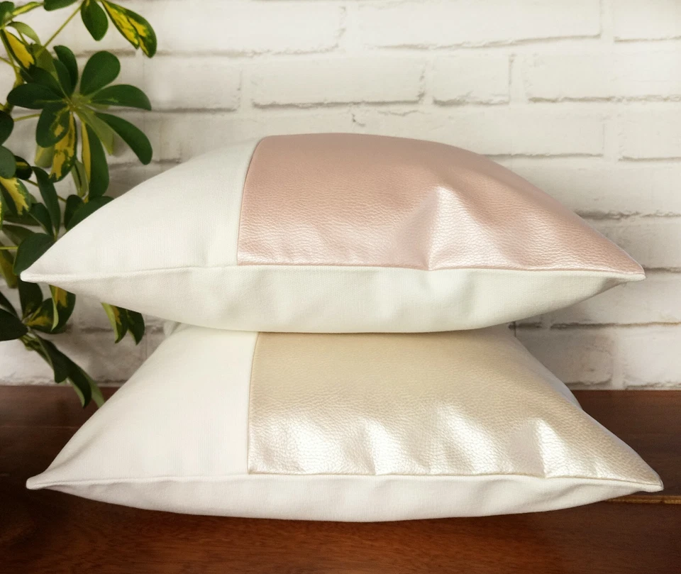Pearlescent pink faux leather-white cotton pillow couch cushion cover 16''x16'' - Image 3 of 4