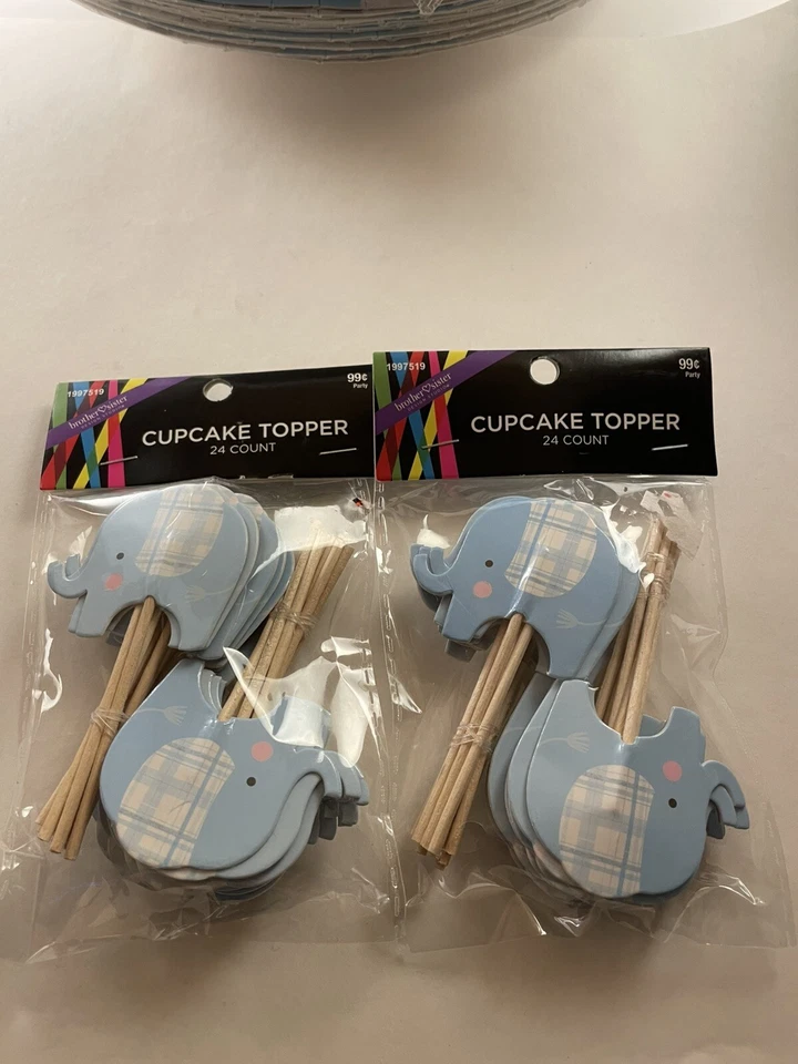 Suministros de fiesta de ducha para bebé niño “Bienvenido pequeño” elefantes con gris y azul Foto 3 de 4