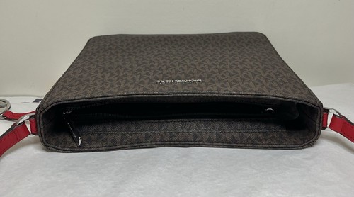 Michael Kors Jet Set Travel Brown RED PVC MK Signature Large Messenger Bag - Picture 7 of 12