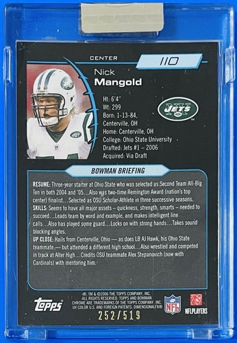 2006 Bowman Chrome, Nick Mangold Rookie RC #d /519, New York Jets, Sealed - Picture 2 of 3