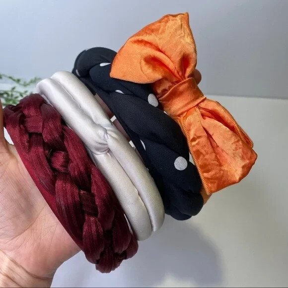 Set of 4 Vintage Headbands Revlon Bow Braid Polka Dot Black White Maroon Orange Lusofie Black Red Polka Dot Headband Set - Cute Bow Wire  main image 3