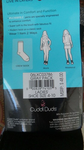 Cuddl Duds Plushfill Socks VALUE PACK 6 Pr Multi-Color Gray Ladies Sz 4-10 New - Picture 2 of 5