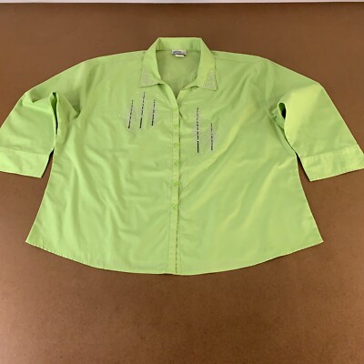 Las Olas Womens 3X Lime Green Rhinestone Trees 3/4 Sleeve Button Front Blouse