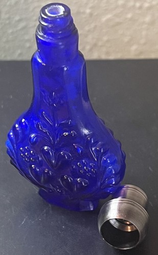 Bernard Perrot Perfume Bottle Cobalt Fleur De Lis Crown Glass Met Vtg MMA Silver - Picture 4 of 12