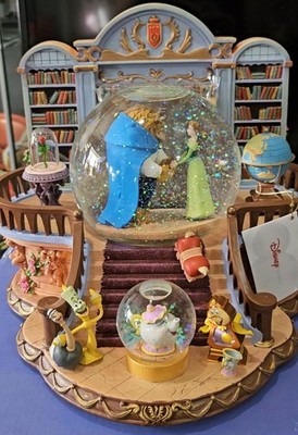 RARE Disney Beauty and the Beast Library Double Snow Globe Music Box NEW W/box
