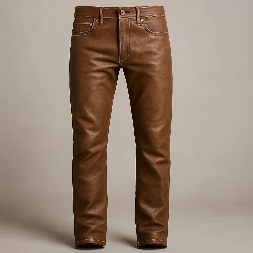Men's Brown Genuine Leather Pants – Handmade Straight Fit Retro Style Jeans BLUF
