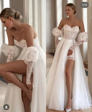 Chic Beach Wedding Dress Side Slit Lace With Tulle A-Line Ivory Boho Bridal Gown