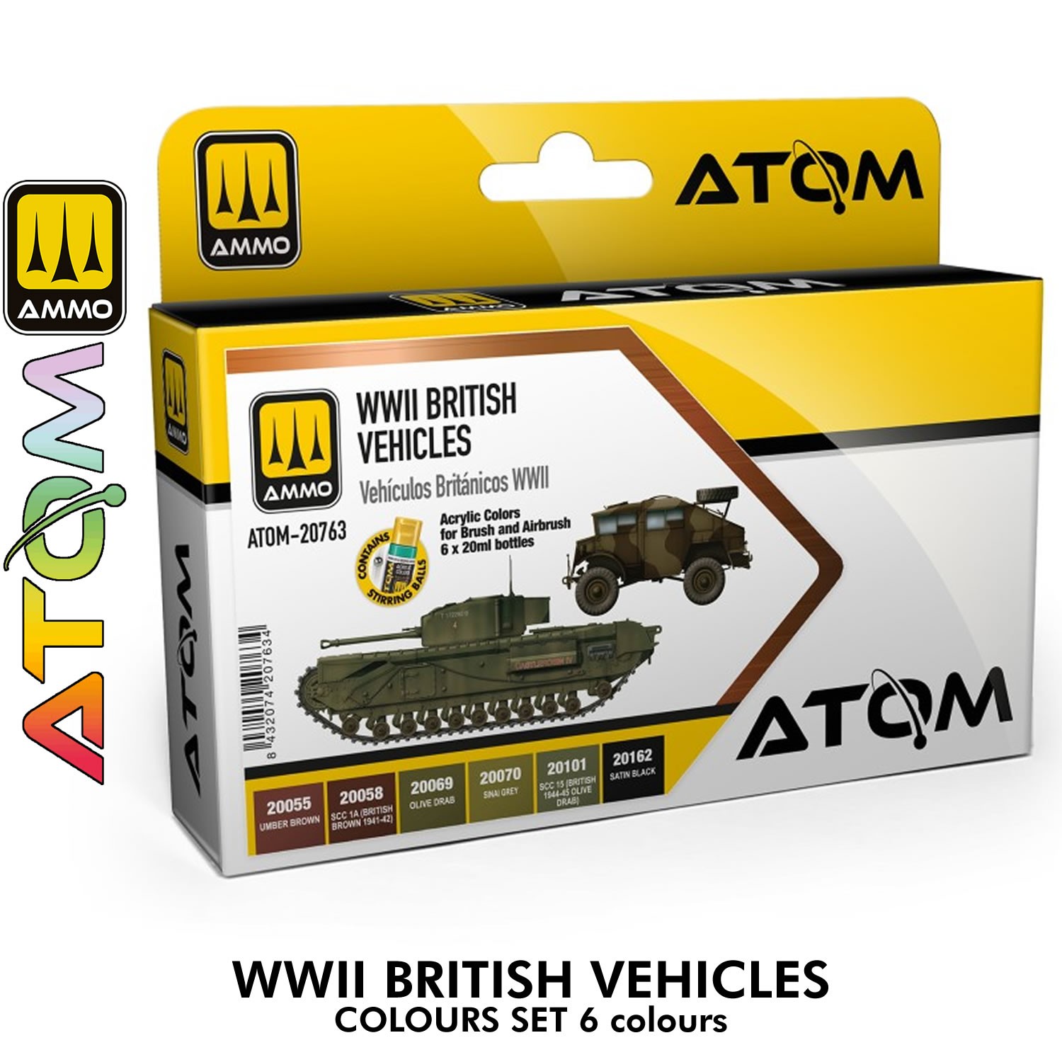 WWII BRITISH VEHICLES colours Set 6 20ml jars Acrylic Paint Ammo ATOM20914