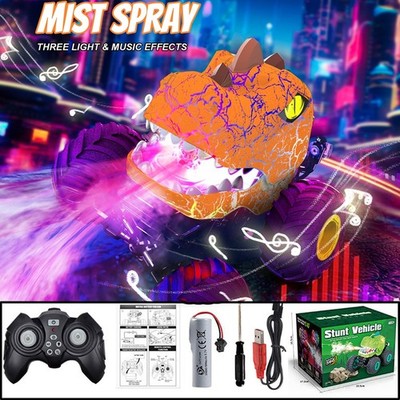 Dinosaur Remote Control RC Stunt Car with Spray & Lights & Music, 360° Rotating