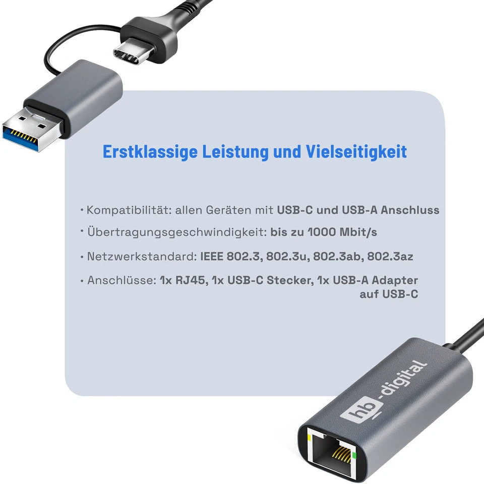 Adattatore Ethernet USB 3.0 con USB-C a RJ45 1 Gigabit LAN 1000Mbps cablato - Immagine 3 di 4