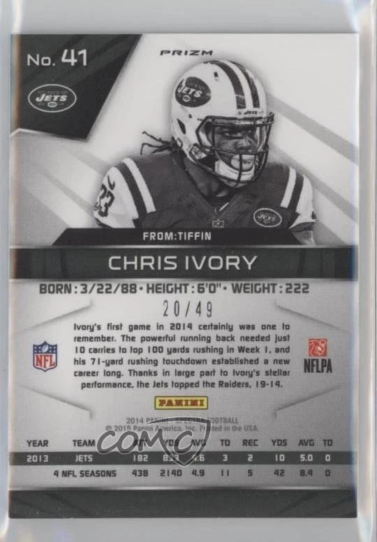 2014 Panini Spectra Blue Prizm /49 Chris Ivory #41 - Image 2 of 2