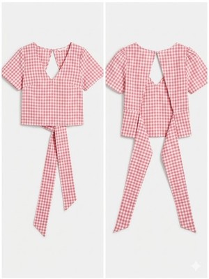 Lush Pink Gingham Crop Top Open Back Tie Bow Cottagecore Coquette V-Neck XS