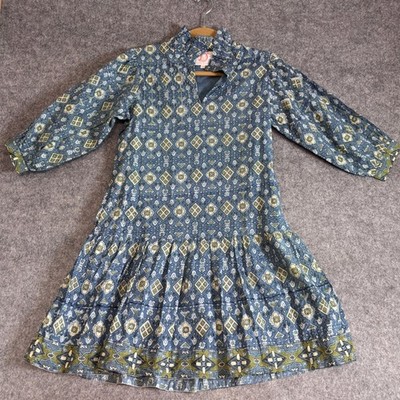 Pink City Prints Mini Dress Womens XS Blue Geometric Tiered Ruffle Cotton Exc