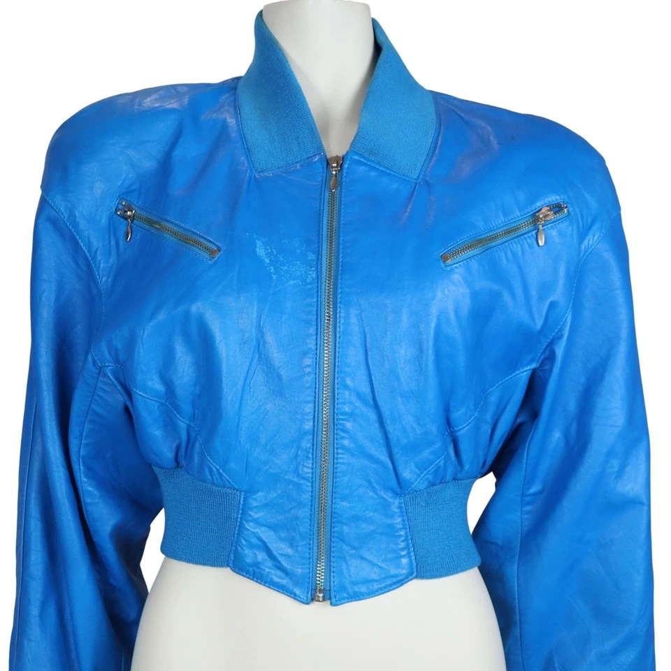 Chaqueta Bomber De Colección Michael Hoban Cuero Eléctrica Azul Años 80 Para Mujer Pequeña Foto 3 de 4