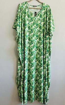 1X/2X/3X New Green White Palm Print Kaftan Knit Beach Cover Dress Nightgown