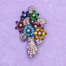 Vintage Otis Sterling Silver 925 Rhinestone Flower Bouquet 2" Brooch Pin 