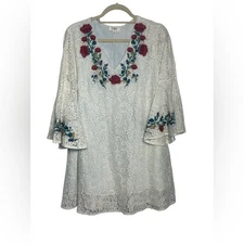 Umgee Women's Floral Embroidered Lace Overlay Tunic Mini Dress Size Large