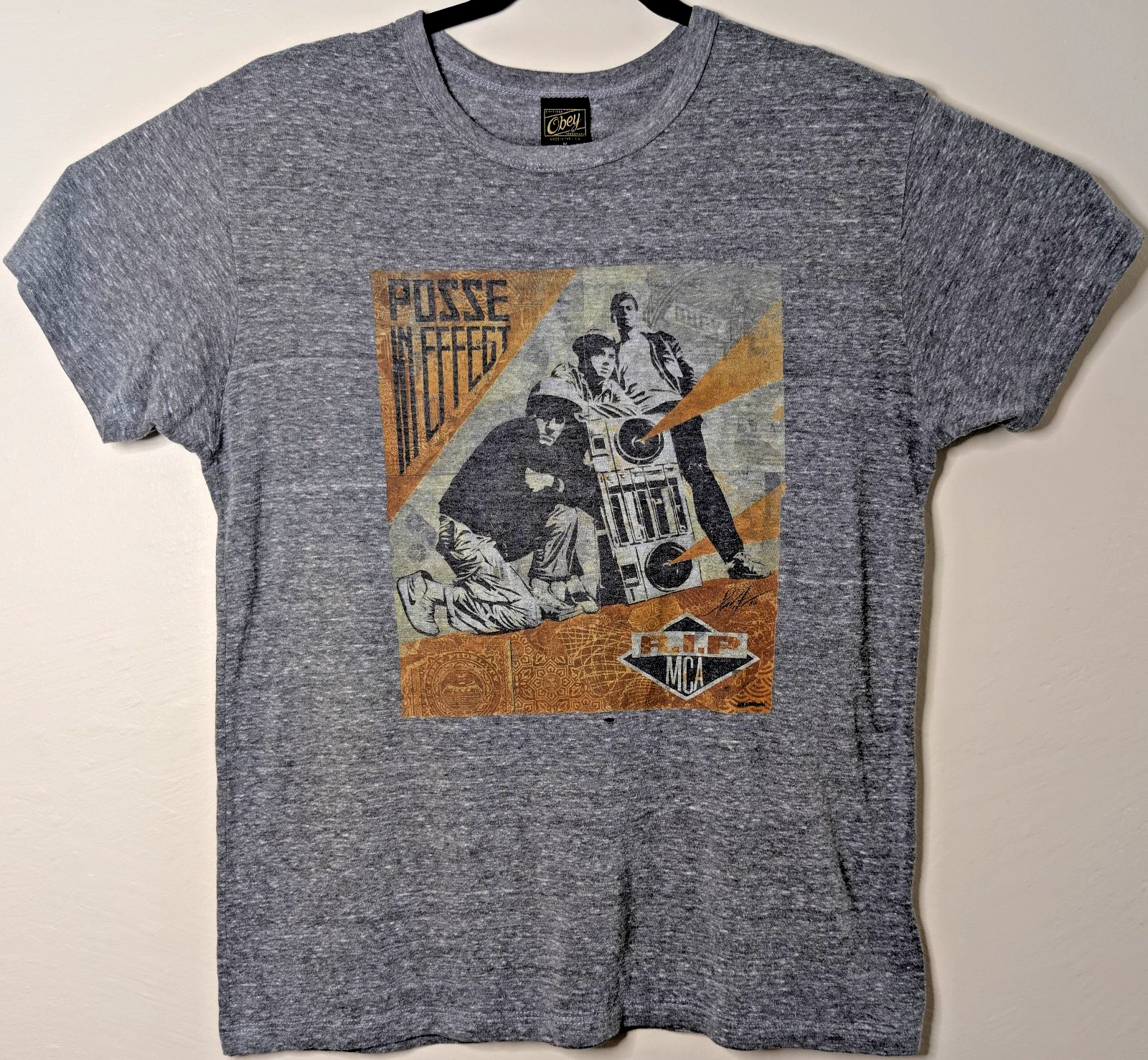 Beastie Boys Posse In Effect Obey Awareness RIP MCA M Grey Shirt 20" W X 27" L