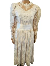 VTG 80s Lorrie Kabala 3pc Set Ivory Floral Lace Victorian Wedding Formal Dress 8