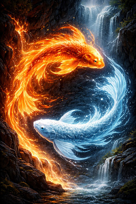 Feuer und Eis Fisch blau rot Poster Druck gerahmt Leinwand Wandbild
