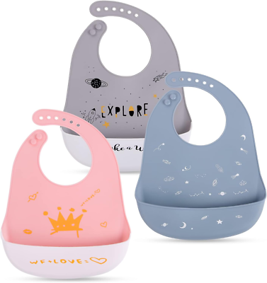 2 Bavaglini In Silicone Impermeabili Per Bambini | Con Tasca Raccoglipappa | Design 3D Regolabile