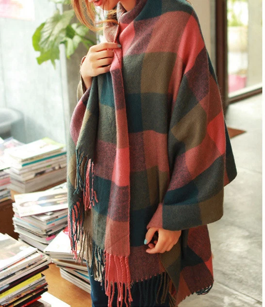 Poncho mantón grueso 100 % cachemir de gran tamaño manta tartán rayas cálida bufanda Foto 3 de 4