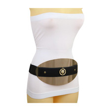 Women Black Elastic Bold Statement Belt Gold Metal Oval Plate Lion Coin Size S M