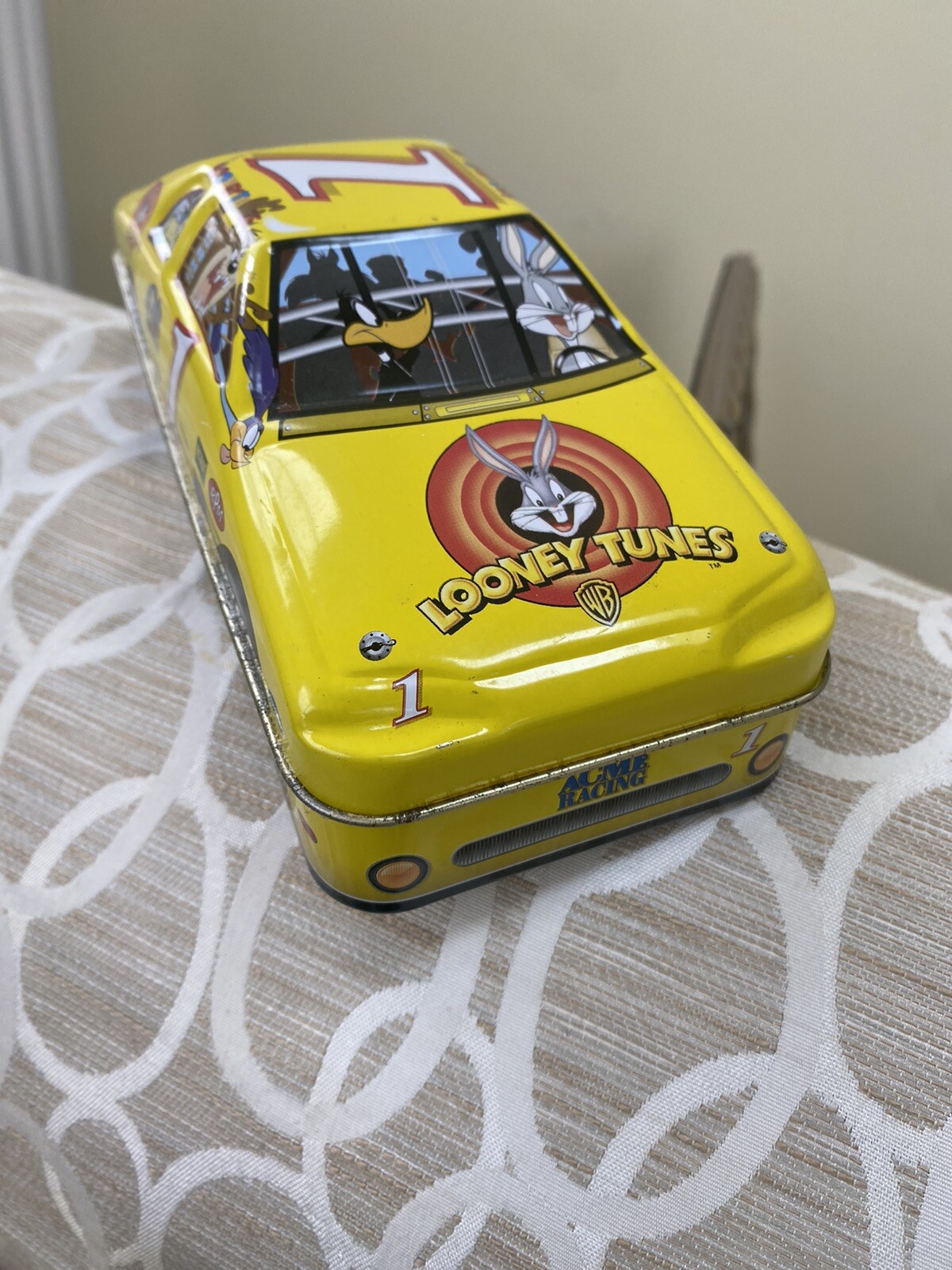 1998 Looney Tins Yellow Race Car Collectible Metal Box