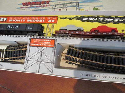 VARNEY HO No. 25 MIGHTY MIDGET TRAIN SET LOCOMOTIVE & CARS 1957 MIB w/Power Pak