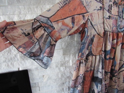3Kartoffel Art-to-Wear seidig bunt ausgestellt Glockenärmel Bindekragen Babydoll Tunika XL - Bild 4 von 6