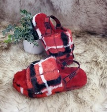 New UGG Big Kids Sz 4 Fluff Yeah Slide Slipper Sandals Size 5 Women Plaid Red