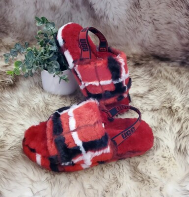 New UGG Big Kids Sz 4 Fluff Yeah Slide Slipper Sandals (Size 5 Women)Plaid Red