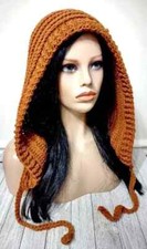 crochet handmade womans pixie hat hood scoodie rusty umber orange new