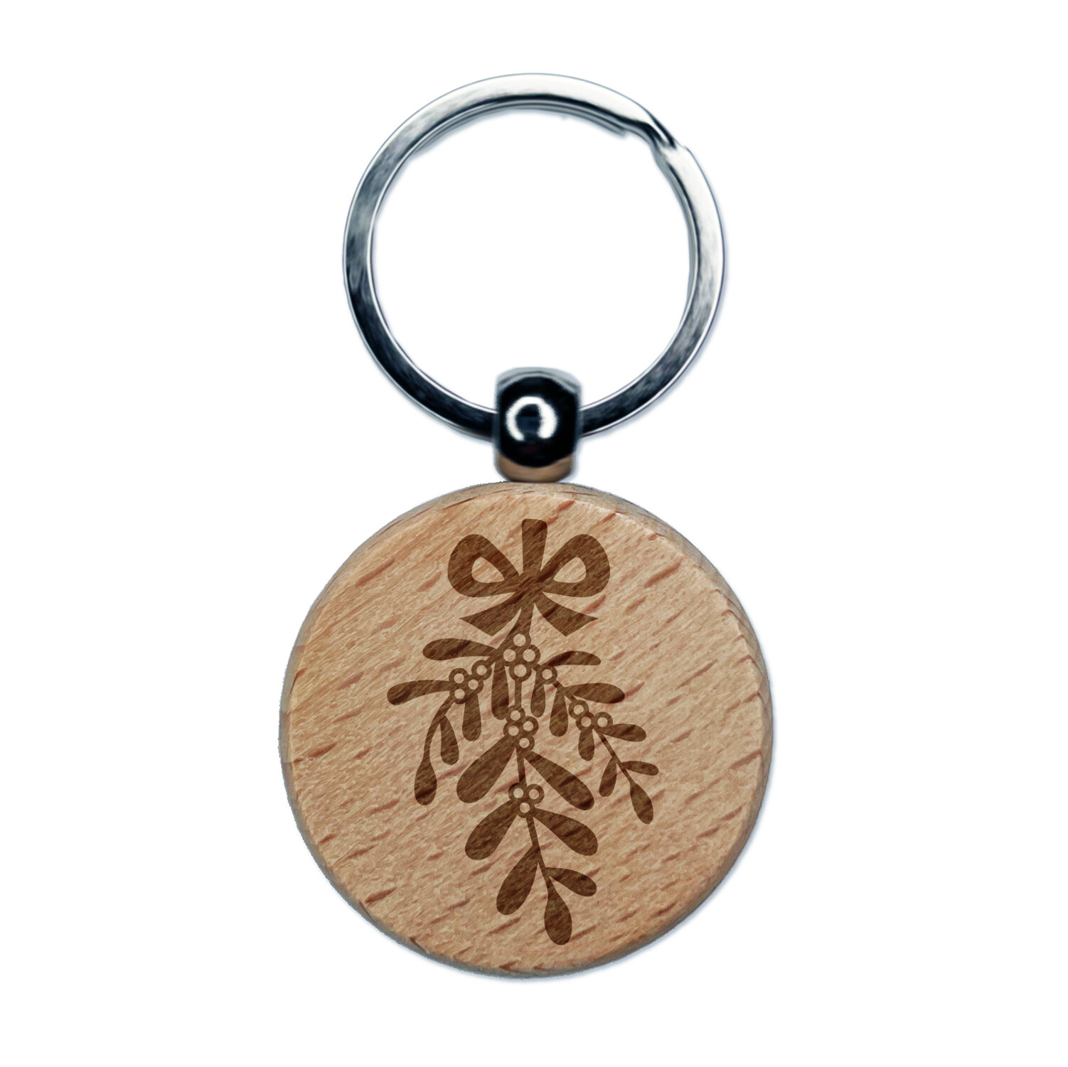 Mistletoe Merry Christmas Xmas Engraved Wood Round Keychain Tag Charm