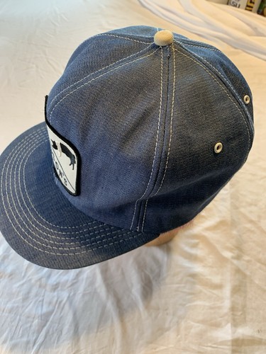 Vtg Farmer SnapBack Trucker Made USA Thoresons Pig Animal Blue Denim Hat Cap NOS - Picture 3 of 7