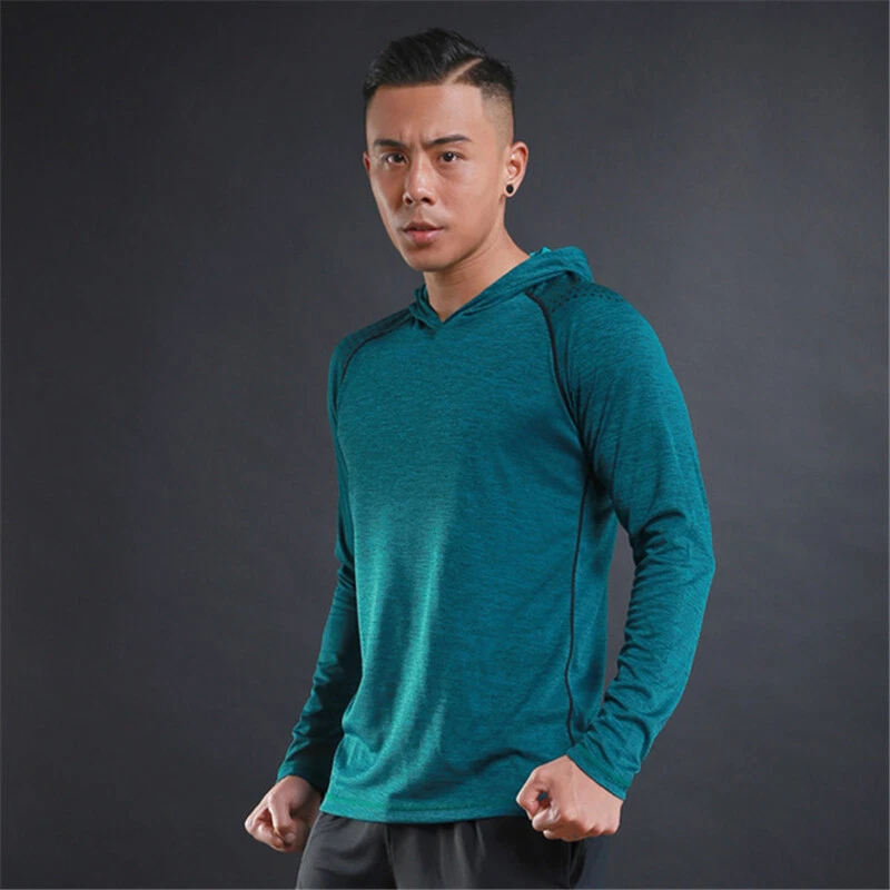 Men Fitness Activewear Long Sleeve Hooded Shirt Breathable Quick Dry T-shirt