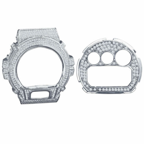 14K White Gold Tone Casio G-Shock DW 6900 Lab Diamond Watch Bezel Face Plate Set - Picture 1 of 5